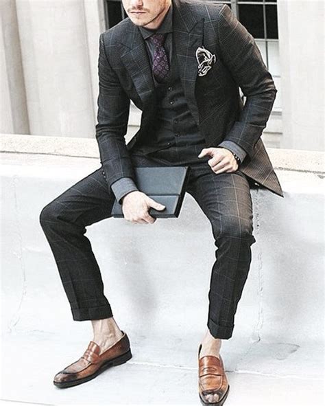 charcoal gray suit brown shoes.